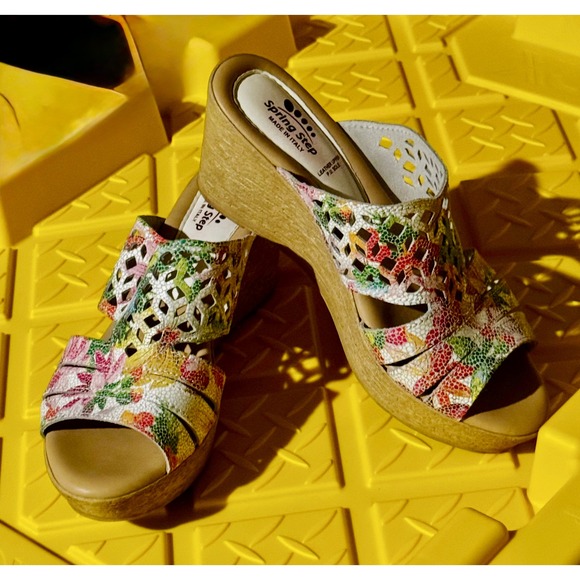 Spring Step Shoes - Spring Step Multicolor Leather Cutout Wedge Sandals Size 38/8 Made in Italy